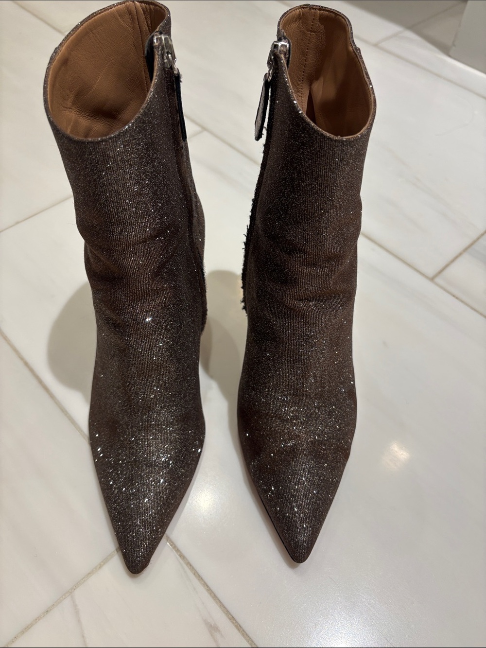 Aquazzura Sparkle Pointed Toe Ankle Boots in Brown